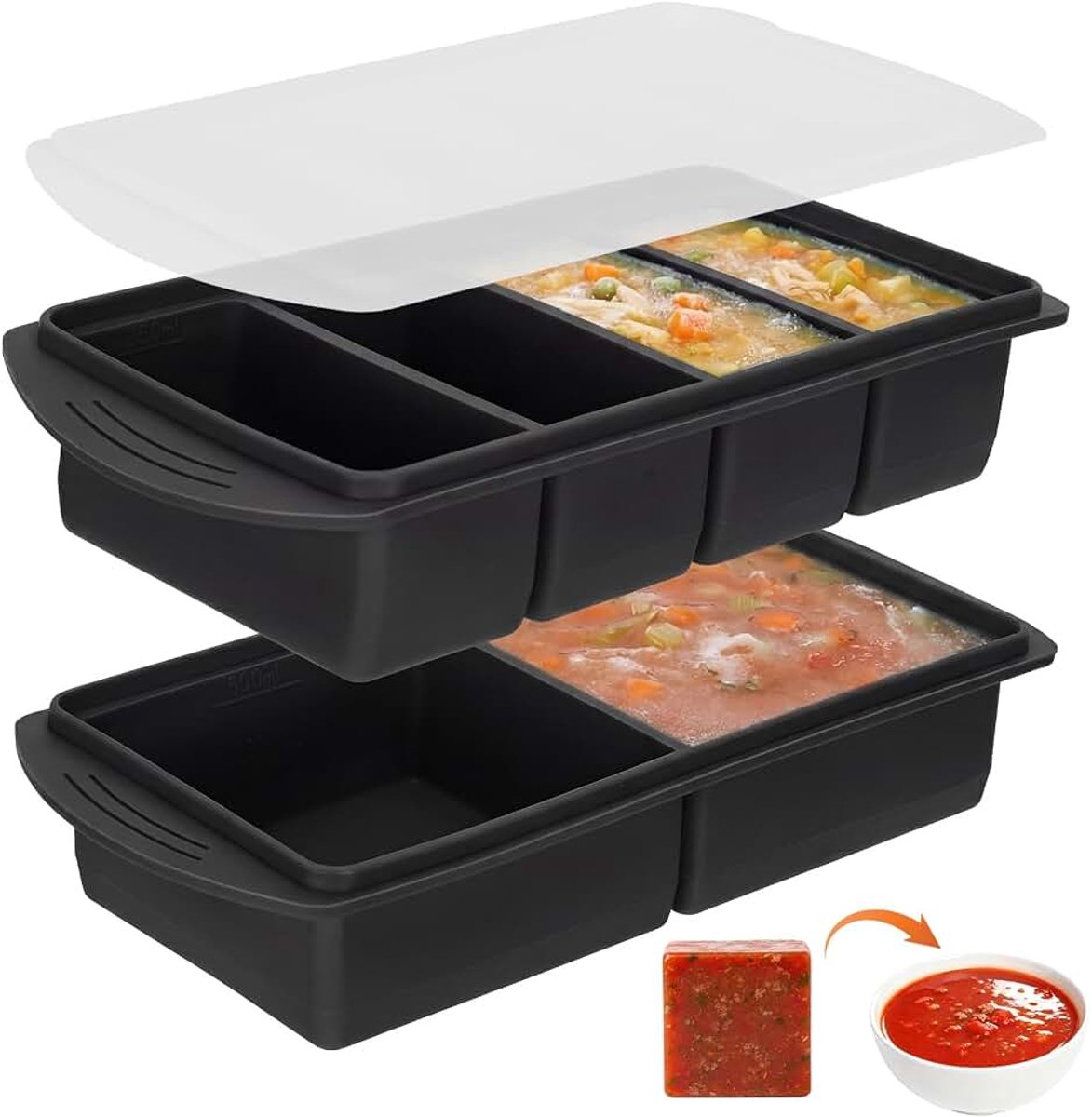 Vriesvorm met deksel, set (2 + 4 vakken, zwart) met mlschaal (125 ml - 500 ml), meal prep container voor soep, sauzen en bouillon, BPA-vrij, stapelbaar en lekvrij