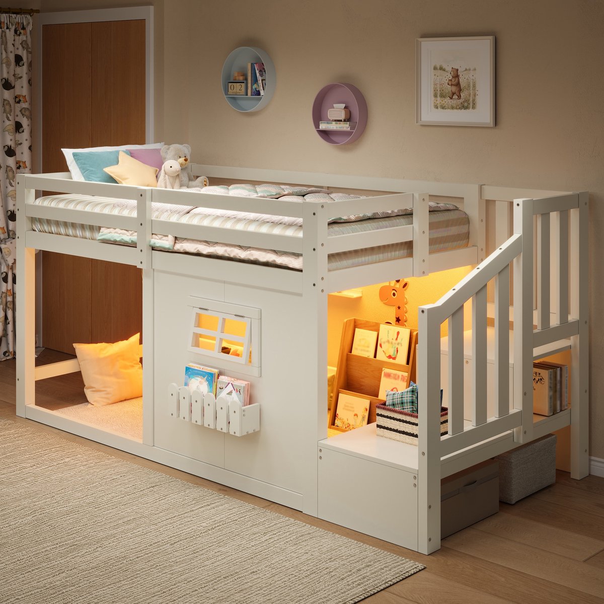 Kinderbed, Hoogslaper, 90 x 200 cm, grenenhout, venster, opbergladder, LED-lichtstrip, zonder matras, wit