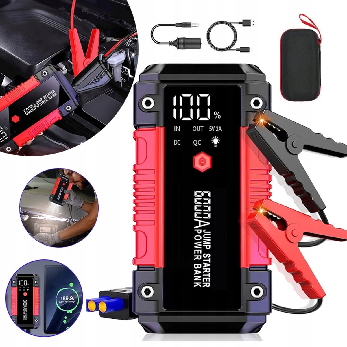 12V-Startbooster Voor Auto's 39800 mAh Met 6000 a Piekvermogen – Powerbank-Functie 400 Lm LED (Normaal/Stroboscoop/Sos) Type-C-Ingang Slim LCD-Scherm – Voor Alle 12V-Voertuigen – 40 Startbeurten