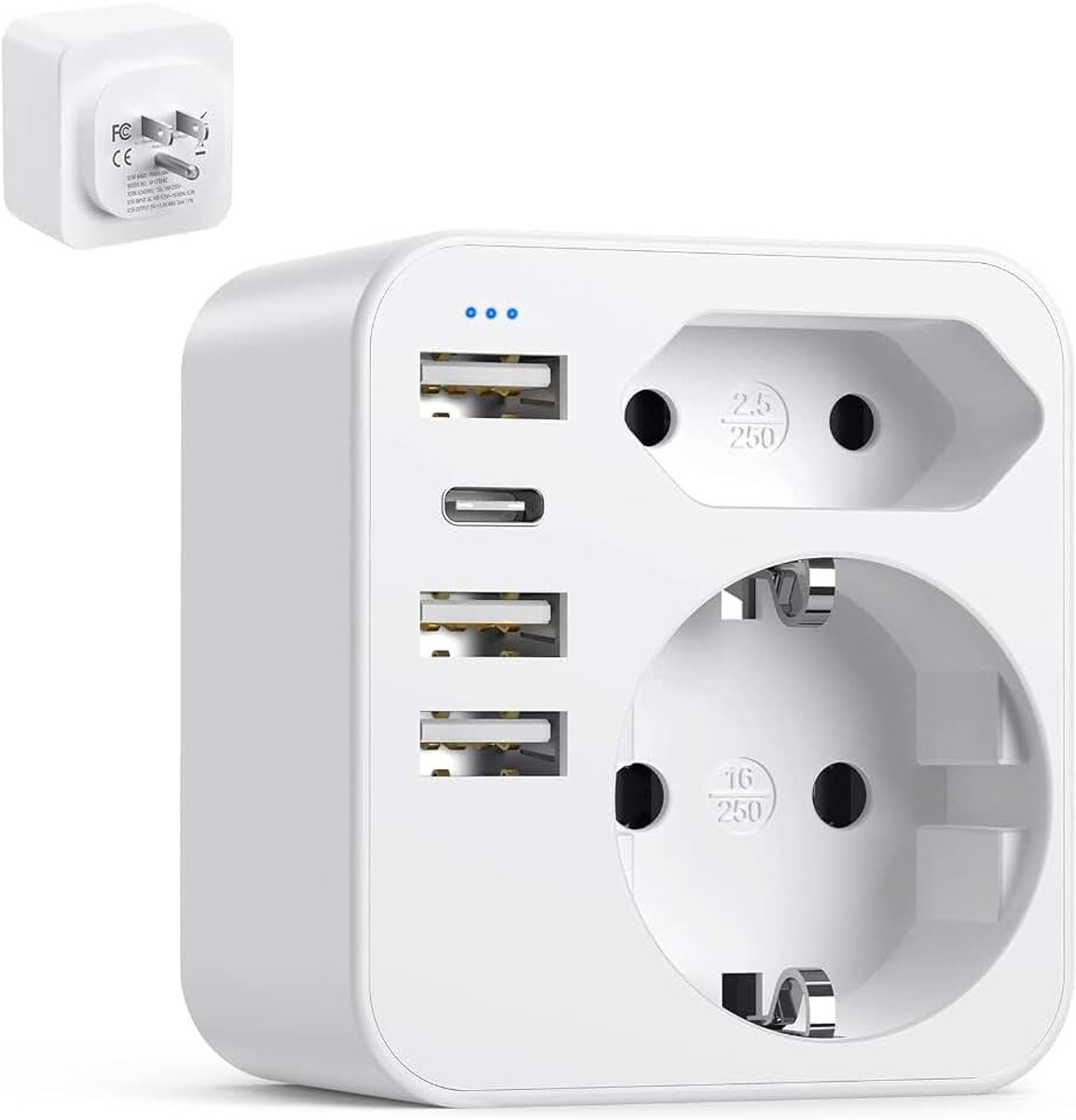 Adapter, 6-in-1 Amerikaans stopcontact, Italiaanse adapter, 2-pins Schuko met 3 USB-A en 1 USB-C (3,4 A 17 W), Amerikaanse stekker voor USA Thailand Canada Mexico