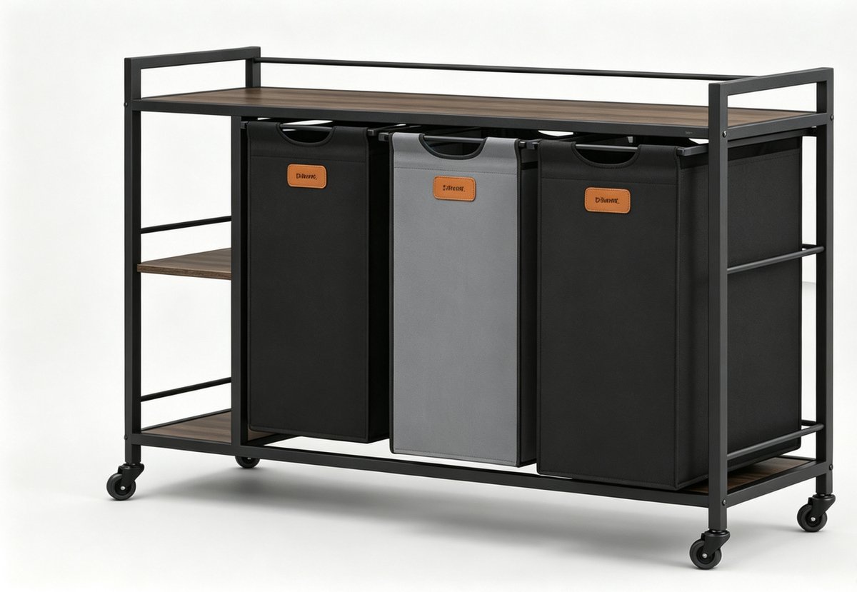 Drie-lagen wasmand, opbergmand, vuilewasmand 117×33×80,5 cm, 150L grote capaciteit, met plank, uitneembare voering en wielen, 6 labels voor sortering, stevig en stabiel, multifunctioneel voor thuis, badkamer en woonkamer