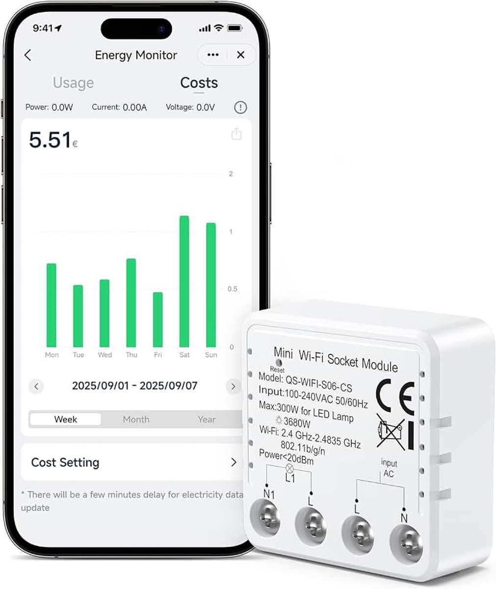 Smart stopcontact module met stroommeting 16A 3680W, stroommeter stopcontact met timer, stroommeter voor balkonkraftwerk, spraakbediening en afstandsbediening, compatibel met Tuya Smart Life