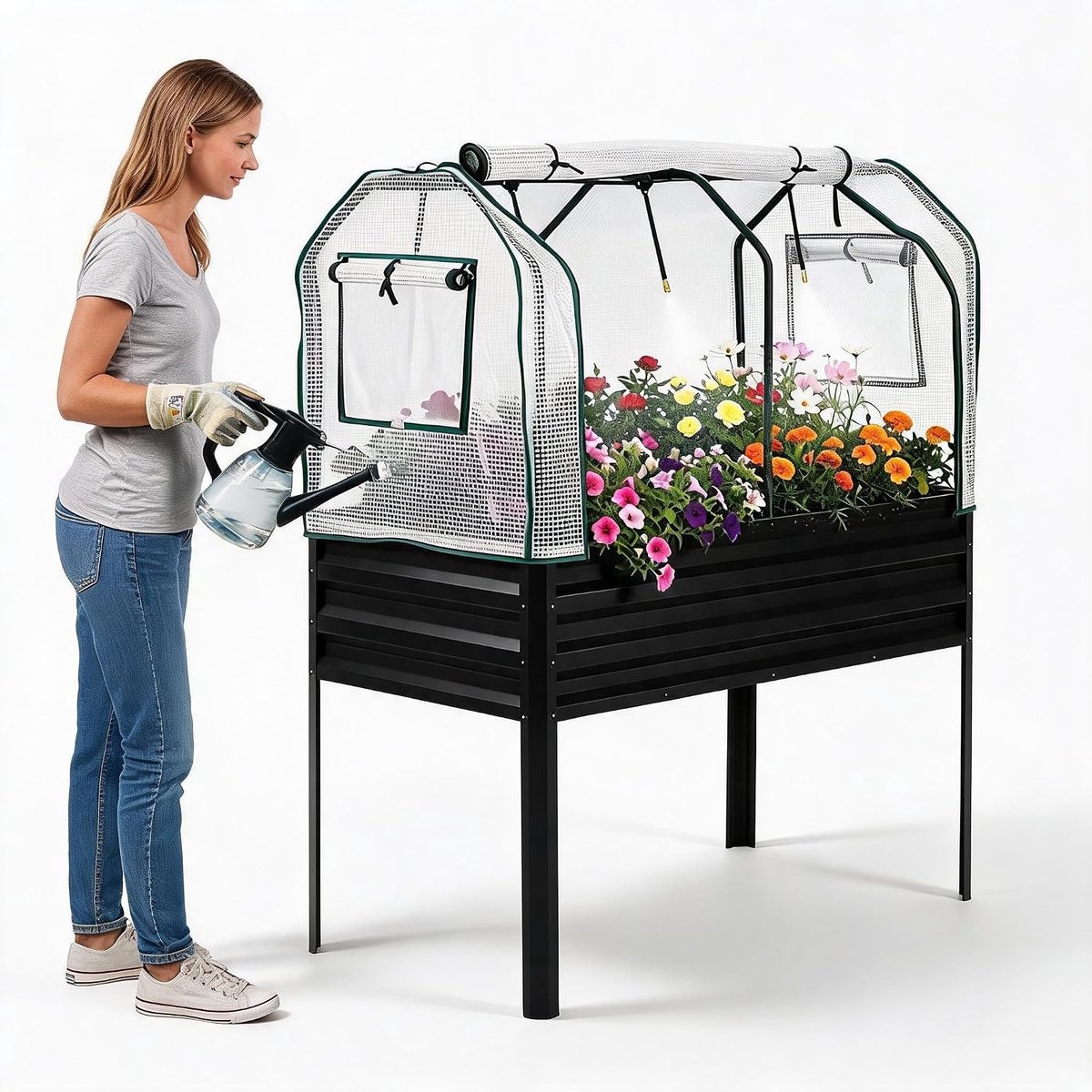 Grote verhoogde plantenbak - Afdeknet - Gegalvaniseerde plantenbak - Draagvermogen 400 lb - Achtertuin, terras, balkon - Zwart
