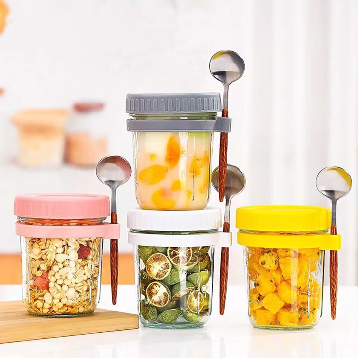 4 stuks overnight havermoutcontainers met deksel en lepel, 300 ml glazen Mason glazen voor overnight haver, lekvrij, havermoutcontainer, ideaal voor graanvruchten, groenten, melk, salade,