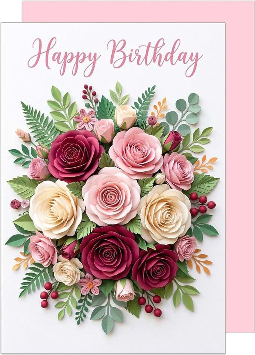 Seidel Premium wenskaart voor verjaardag met envelop. Verjaardagskaart wenskaart vouwkaart spreuk Engels Happy Birthday voor vrouwen vriendin rozen bloemen elegant roze (G4386 SW026)