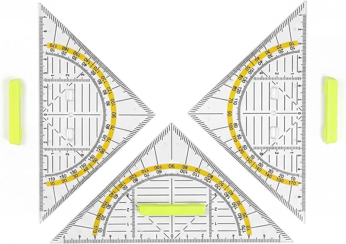 Set van 3 geometrische driehoeken, geometrische driehoeken, liniaal, transparant, met schaal, studenten, scholen, kantoren beschikbaar