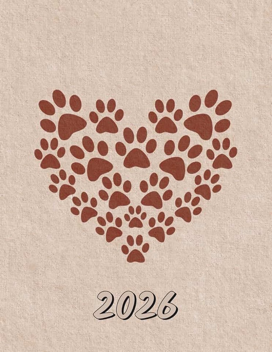 2026: Large Monthly Calendar Planner – Watercolor Dog Pawprint Heart