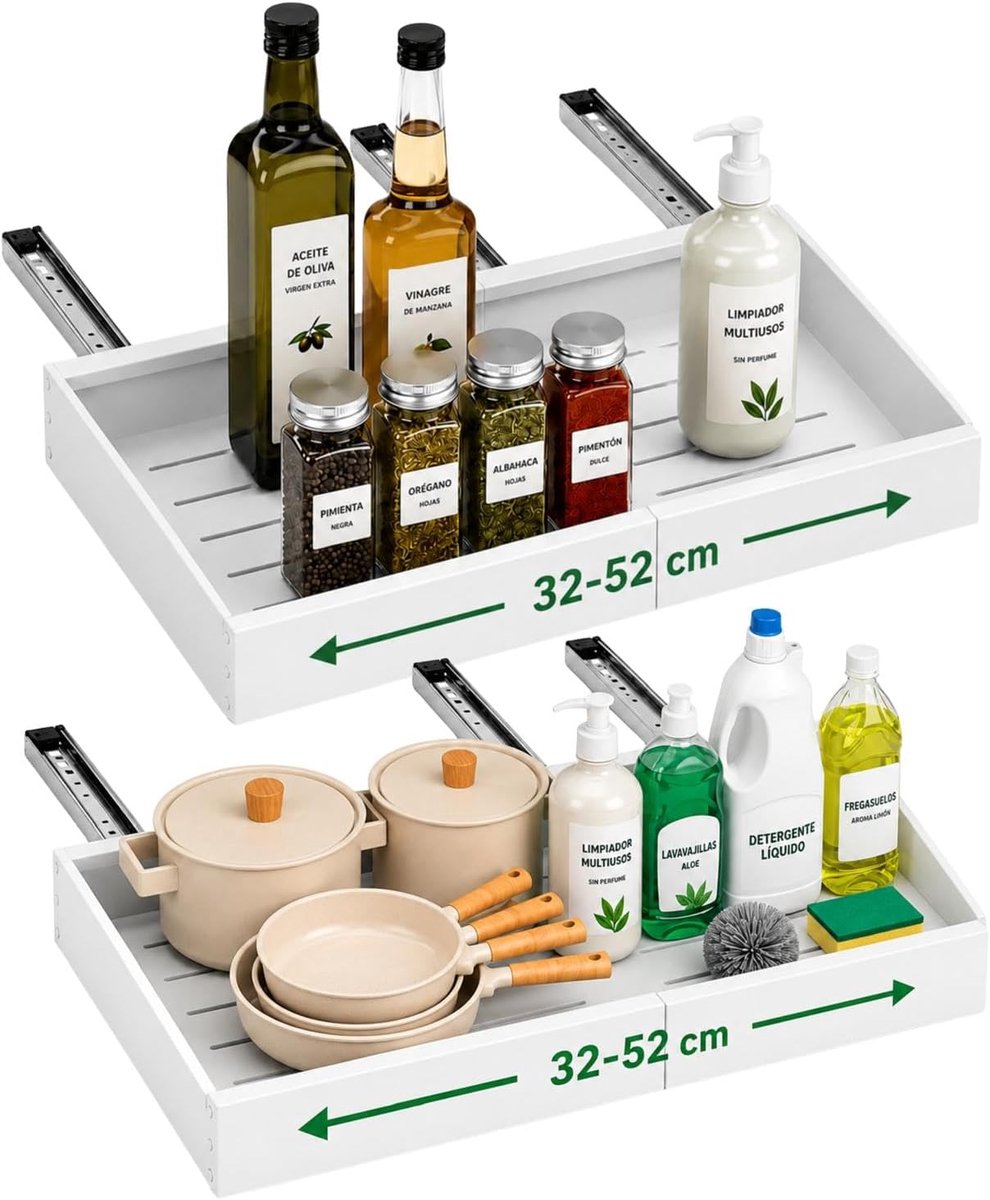 Laden voor keuken, uittrekbaar vak voor keukenkast, verstelbare breedte (32-52 cm), voor opslag en organizer thuis, zonder boren (wit 42)