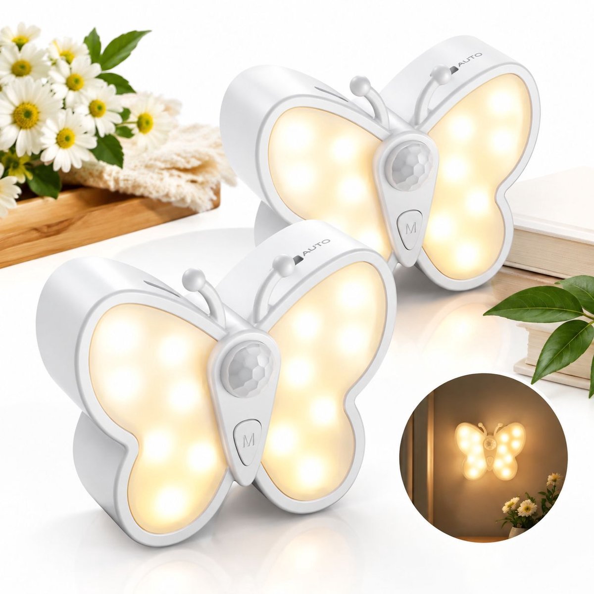 VHV - Nachtlampje volwassenen en kinderen - Dimbare Vlinder LED-nachtlampje - Slimme bewegingssensor nachtlamp met spotfunctie en 2 kleurtemperaturen - Magnetische oplaadbare nachtlampje voor slaapkamer, wand