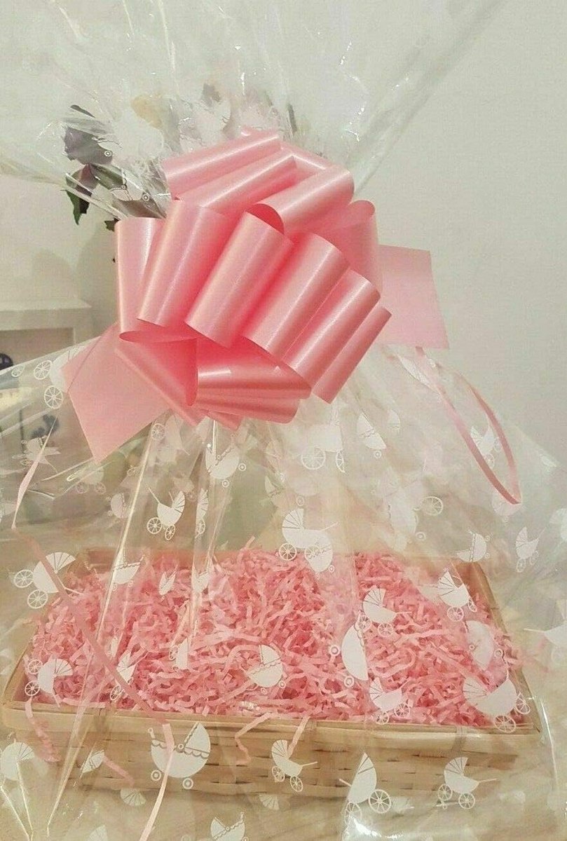 Roze doe-het-zelf geschenkmand mand mand kit - natuurlijke kleur rieten mand, roze versnipperd, doorzichtige kinderwagen cello tas en roze strik (Large)