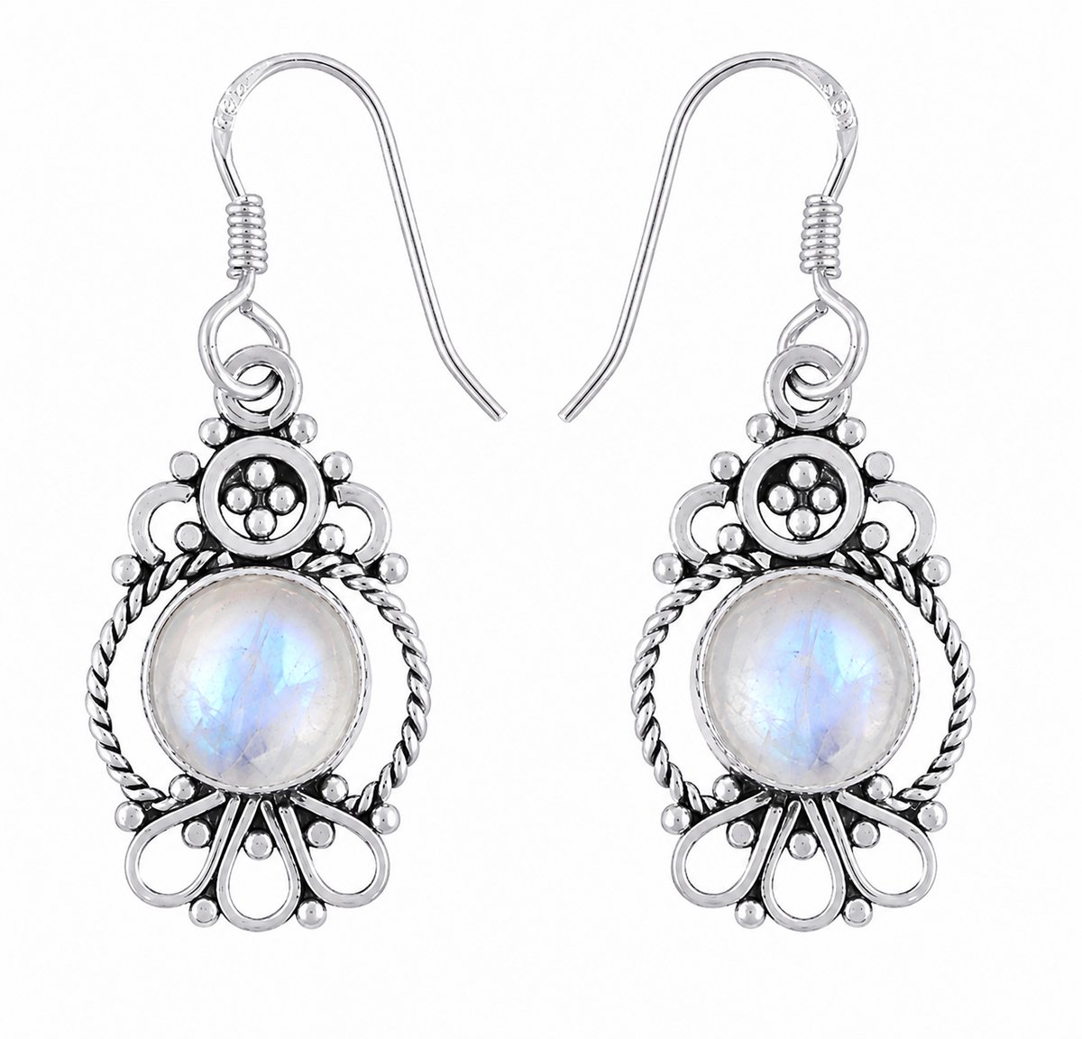 Oorbellen van 925 sterling zilver met ronde regenboogmaansteen, gedraaid draad- en rawawerk