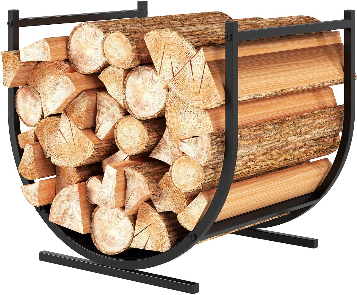 Stevige - gebogen houtblokhouder voor binnen en buiten - metalen frame - 43 x 33 x 38 cm - zwart
