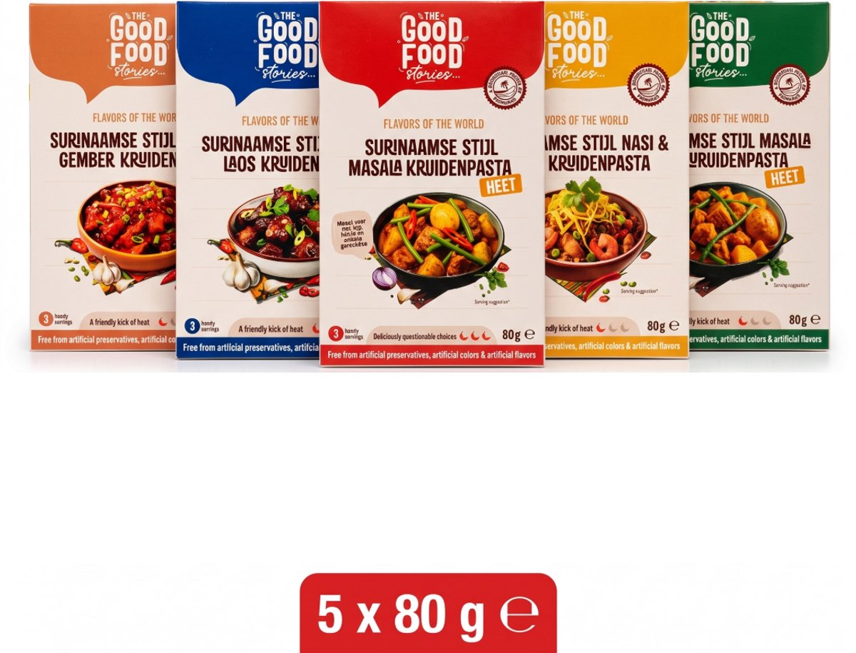 Surinaamse Kruidenpasta Mix Pakket – TGFS (The Good Food Stories) - 5 x 80 g (400g) Boemboe - Nasi & Bami - Ketjap - Masala