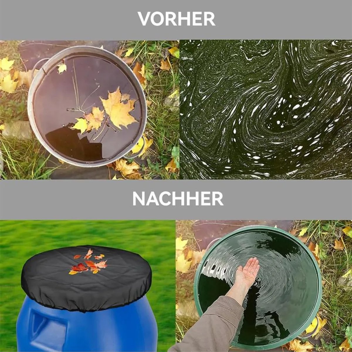 Set van 4 regenemmers en insectennetten, 95 cm brede opening, Geschikt voor trekkoord, beschermt tegen vallende bladeren en muggen, Geschikt voor tuinen en terrassen.