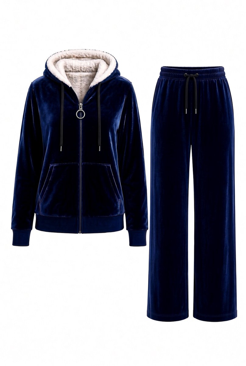 Huispak Dames Fleece - Hoodie en Straight leg broek - Teddy Capuchon - Marineblauw Velvet - Maat 40/42
