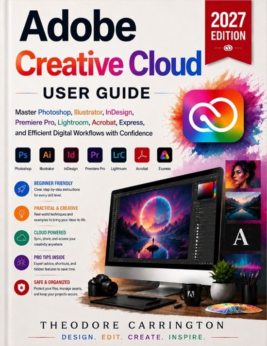 Gebruikersgids Adobe Creative Cloud 2027 editie, met Photoshop, Illustrator, InDesign, Premiere Pro, Lightroom, Acrobat en Express.