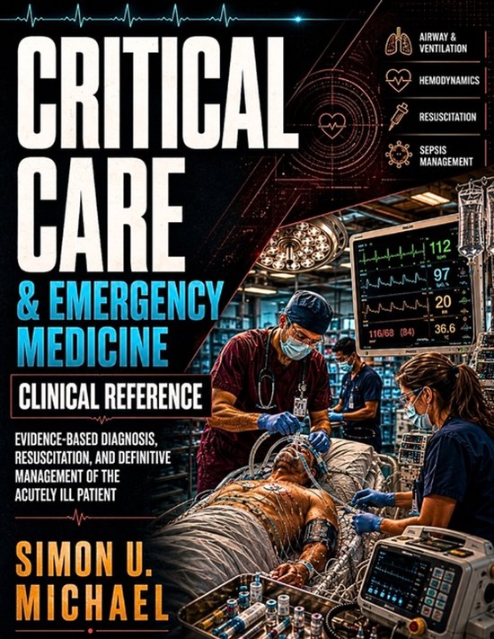 Boek 'Critical Care & Emergency Medicine Clinical Reference' met een arts die een patiënt verzorgt, omringd door medische apparatuur. Titel en iconen zichtbaar.