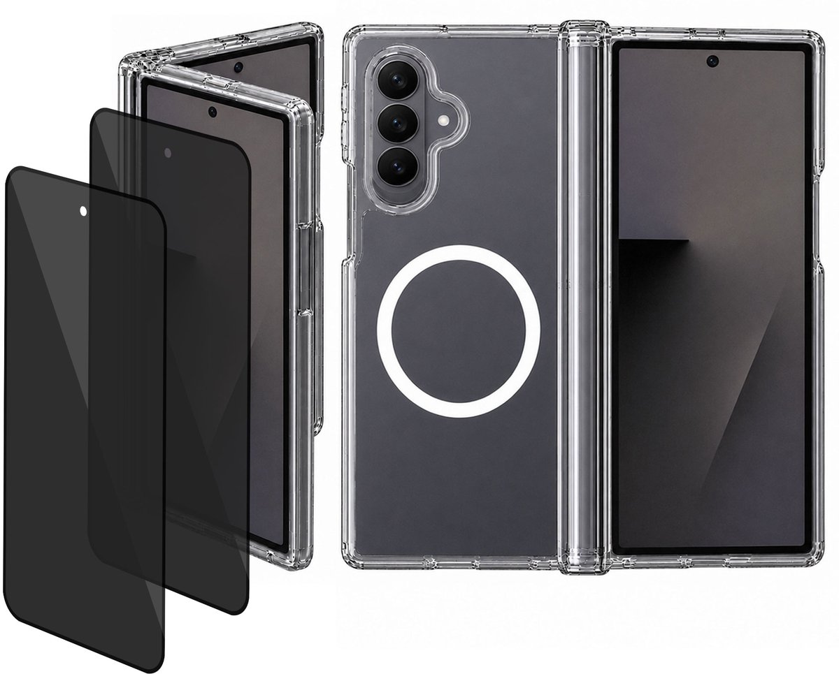 Hoesje + 2x Privacy screenprotector geschikt voor Samsung Galaxy Z Fold 8 - Luchtkussens - Magsafe - Siliconen Hoes - Gehard Glas - Transparant - geschikt voor Samsung Galaxy Z Fold 8