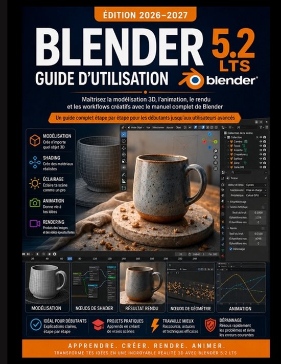Boekomslag voor Blender 5.2 LTS Gebruikershandleiding 2026-2027. Bevat een afbeelding van twee mokken, software-interfaces en grafieken.