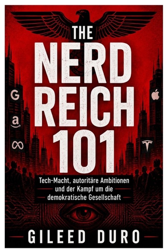 Livre 'The Nerd Reich 101' avec fond rouge, silhouette de ville et logos de sociétés technologiques. En néerlandais.