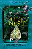 Boek kaft van 'Het Nest' uit "De Huivering". Een grote spin en een web met eieren. De titel "Het Nest" staat in grote letters.