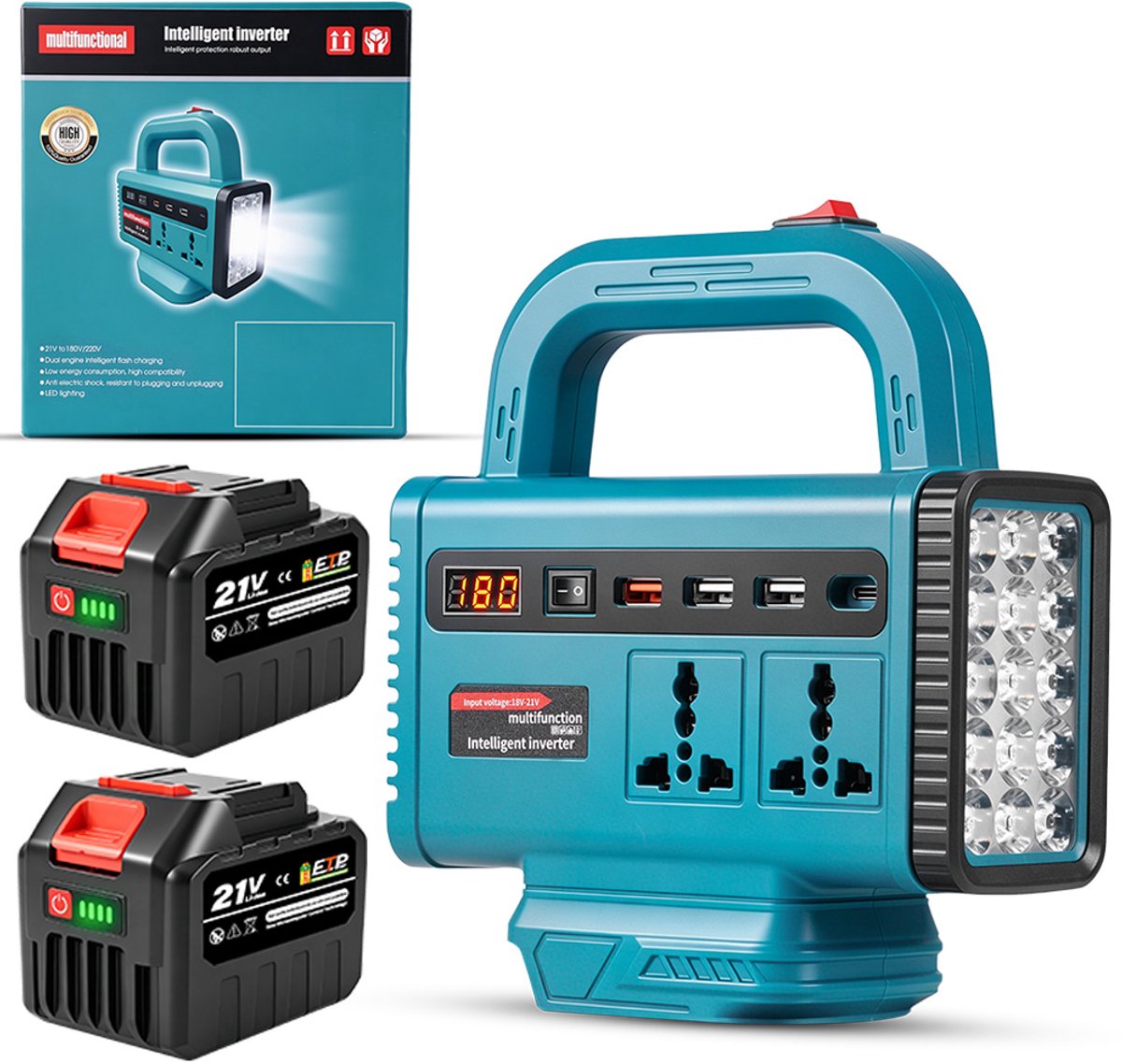 Yofidra Draagbare voeding omvormer - met 2x 6.0Ah Accu - 3x USB-poorten & Type C - Spanning Converter Omvormer - voor Kamperen