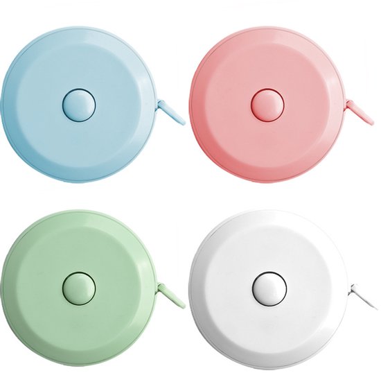 Vier oprolbare meetlinten in het blauw, roze, groen en wit, elk met een witte bedieningsknop.