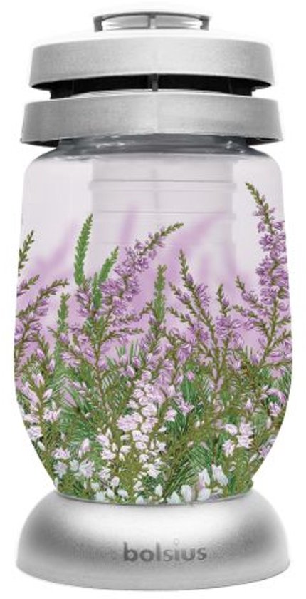 Lanterne grise avec pot en verre et décoration de bruyère.