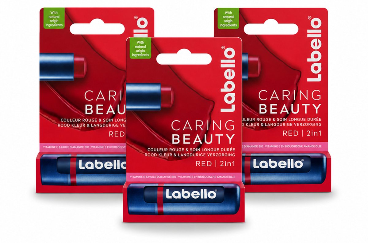 3 x Labello –Lippenbalsem – Caring Beauty Red – 5,5 ml - Bulkverpakking - 3 stuks