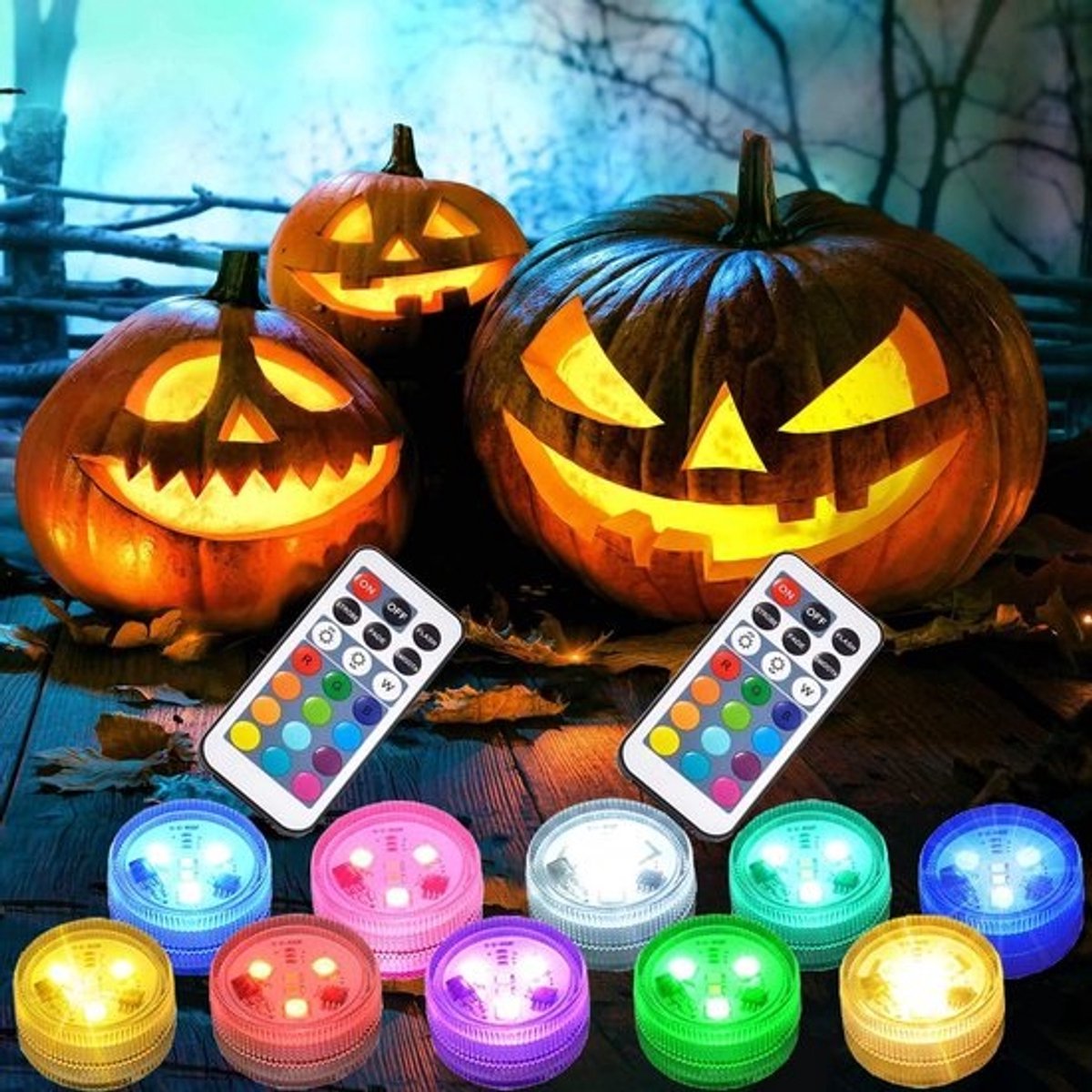 Halloween Mini-pompoenverlichting, led, aquariumlamp, onderwater, waterdicht, RGB, meerkleurig, kaarsen, verlichting met 2 afstandsbedieningen, voor zwembad, pompoen, decoratie, 10 stuks