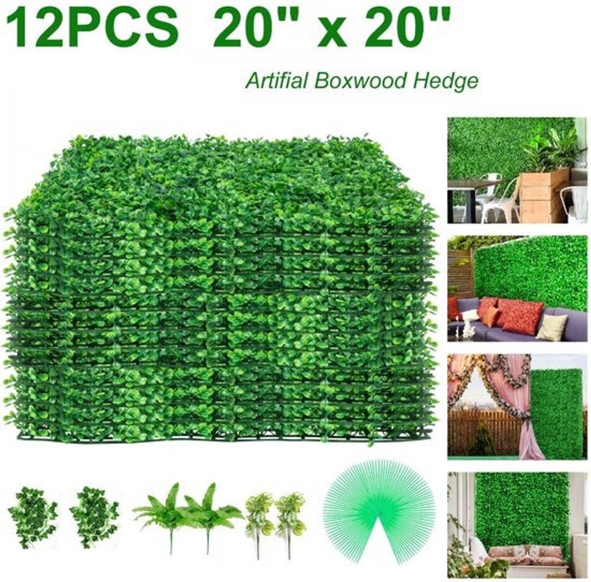 Kunstmatige Haag 12 Stuks Buxus Achtergrond 50,8 x 50,8 cm Kunstmatige Buxus Paneel Gemaakt van 100% Milieuvriendelijk Polyethyleen met Stevige Paneelbasis voor Balkon Hotels en andere Feesten