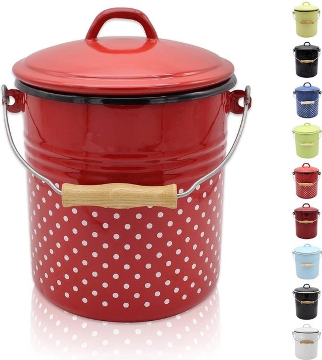 Afvalbakje met deksel, stalen bakje met emaille coating en houten handvat, snij- en krasbestendig oppervlak, duurzaam en veelzijdig, 5 liter, rood-wit (Rio)