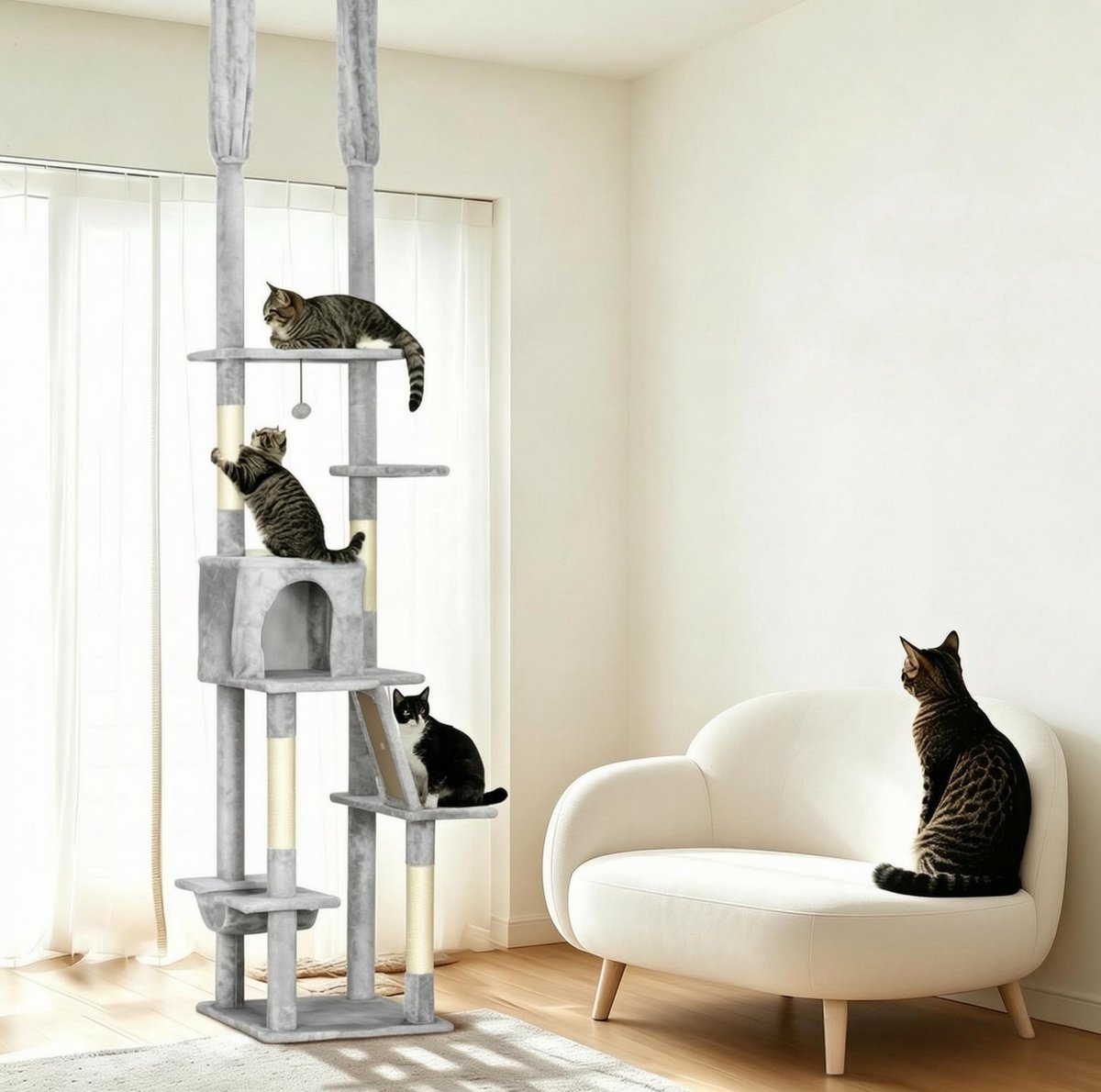 OKWISH Kattenboom Hoogteverstelbaar – 225-255 cm – Spaanplaat, Pluche en Sisal – Grijs en Crèmewit – Plafondbevestiging – 6 Niveaus met Huisje en Hangmat