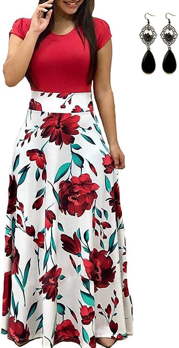 Strandjurk voor dames, lang, casual, bedrukt, korte mouwen, zomer, boho, maxi, grote maat