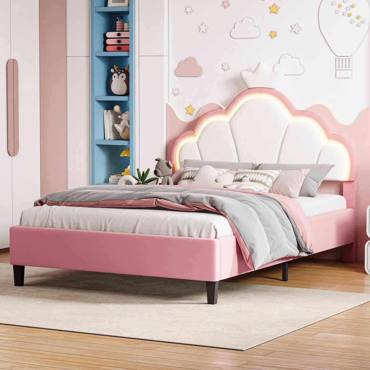 Yelenaro kinderbed 140x190 cm, Gestoffeerd bed met LED, Meisjesbed, tienerbed met in hoogte verstelbaar hoofdeinde in de vorm van een kroon, prinsessenbed van fluweel, roze, zonder matras