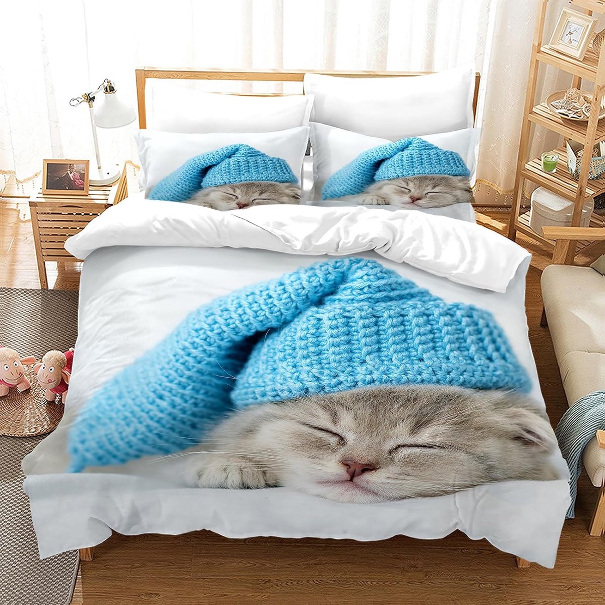 Dekbedovertrek Kat, met Dekbedovertrek en Kussensloop 65 x 65 cm. Kitty Dekbedovertrek 3D Huisdier Dekbedovertrekset Kat. (Katten-3, 200 x 200 cm)
