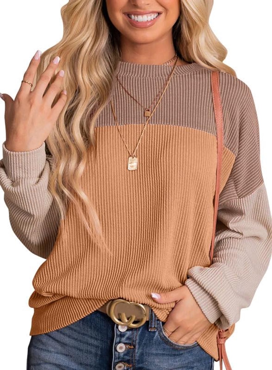 Damespullover met kleurblokken en lange mouwen sweatshirt met ronde hals, lange mouwen, Los en relaxed, trui voor herfst en winter, geribd bovendeel, maten S-XXL