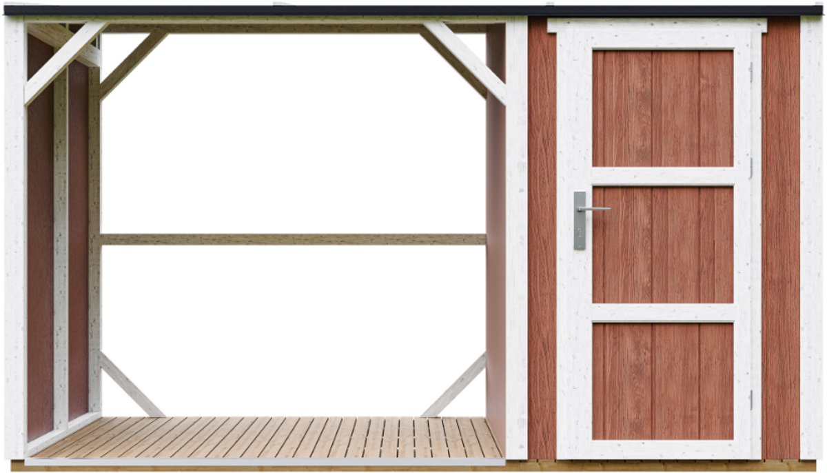 Timbela M985-REDWOOD RED - LP SmartSide Houtopslag met afgesloten bergruimte - 4,14 m² - 345x120xH220 cm - Overkapping voor brandhout met berging