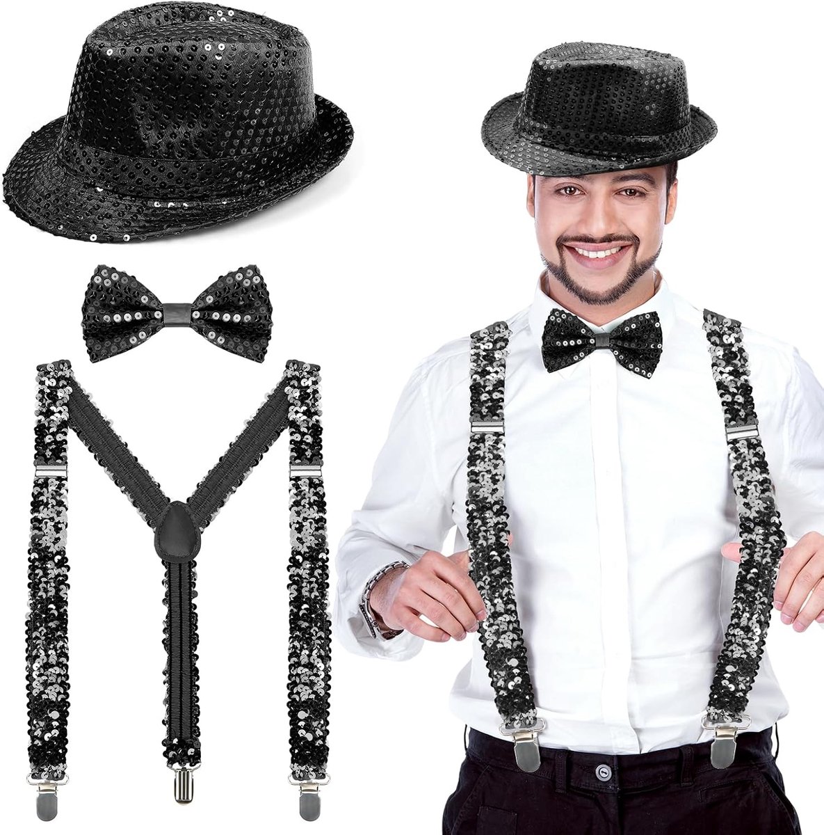 Glitteroutfit voor heren, oudejaarsavond, paillettenkostuum met glittervlinderdas, hoed, bretels, glitteraccessoires voor carnaval, Halloween, themafeest