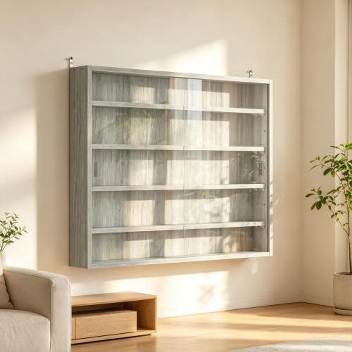 Rolipo Hangende vitrinekast - Vitrinekast voor verzamelingen - Glazen schuifdeuren - 4 verstelbare planken - Max 2kg per plank - Woonkamer - 80x60x9,5cm - Grijs