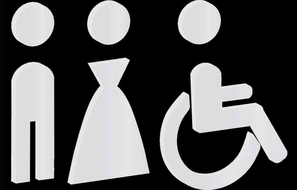 Symbool voor dames en heren, gehandicapten, toilet, deur, mini-bord, bordje, deurbord, sticker, bewegwijzering, wit