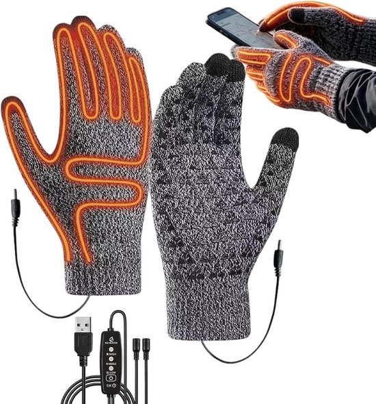 Grijze gebreide USB-verwarmde handschoenen met oranje verwarmingslijnen, naast de kabel en controller. Een kleinere afbeelding toont een hand die een smartphone gebruikt.