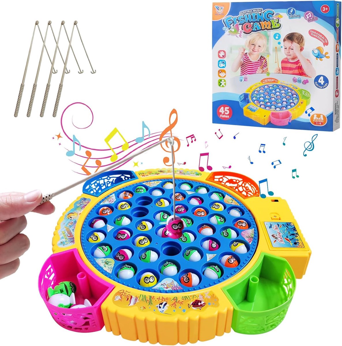 Visspel, Draaiend en Muzikaal Spel met 45 Vissen & 4 Hengels, Magnetisch Visspel, Educatief Tafelspel voor Jongens en Meisjes van 2-6 Jaar, Cadeau voor Kinderen