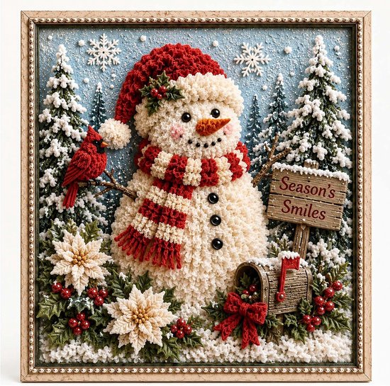 3D kerststofprikkunst: sneeuwman met rode muts en sjaal, witte pompons, rode kardinaal, dennenbomen, bloemen en een bord met 'Season's Smiles'.