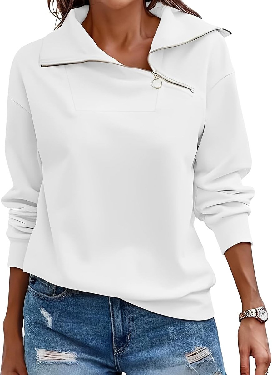 Pullover Dames Sweatshirt Herfst Kwart Ritssluiting Lange Mouwen Staande Kraag Pullover Losse Effen Casual Tops Dames