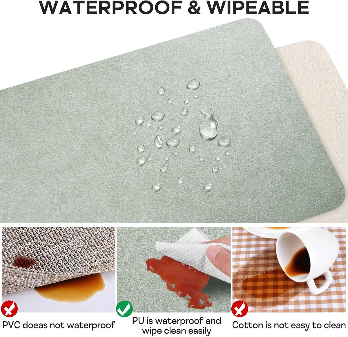 Placemats Wasbare 6-delige Set Hittebestendig Placemat 43 × 30 cm Kunstleer Saliegroen/Crèmewit