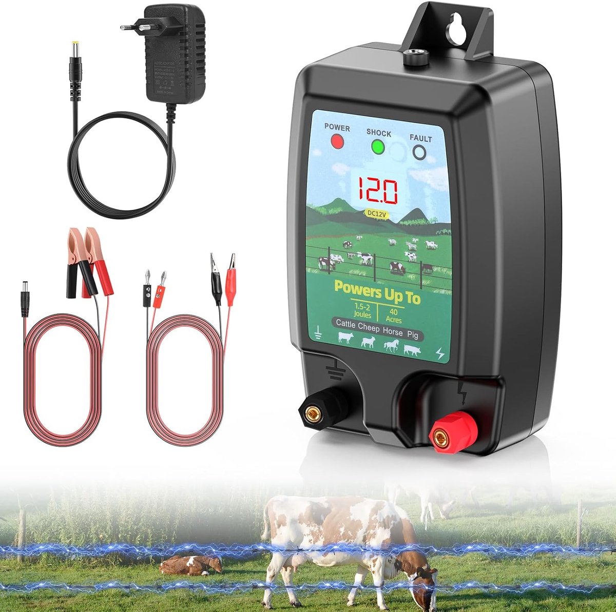 Omheining voor dieren, 10 km, krachtige 2J elektrische omheining met LCD-scherm, hoog vermogen, waterdicht, elektrische omheining voor dierenbescherming