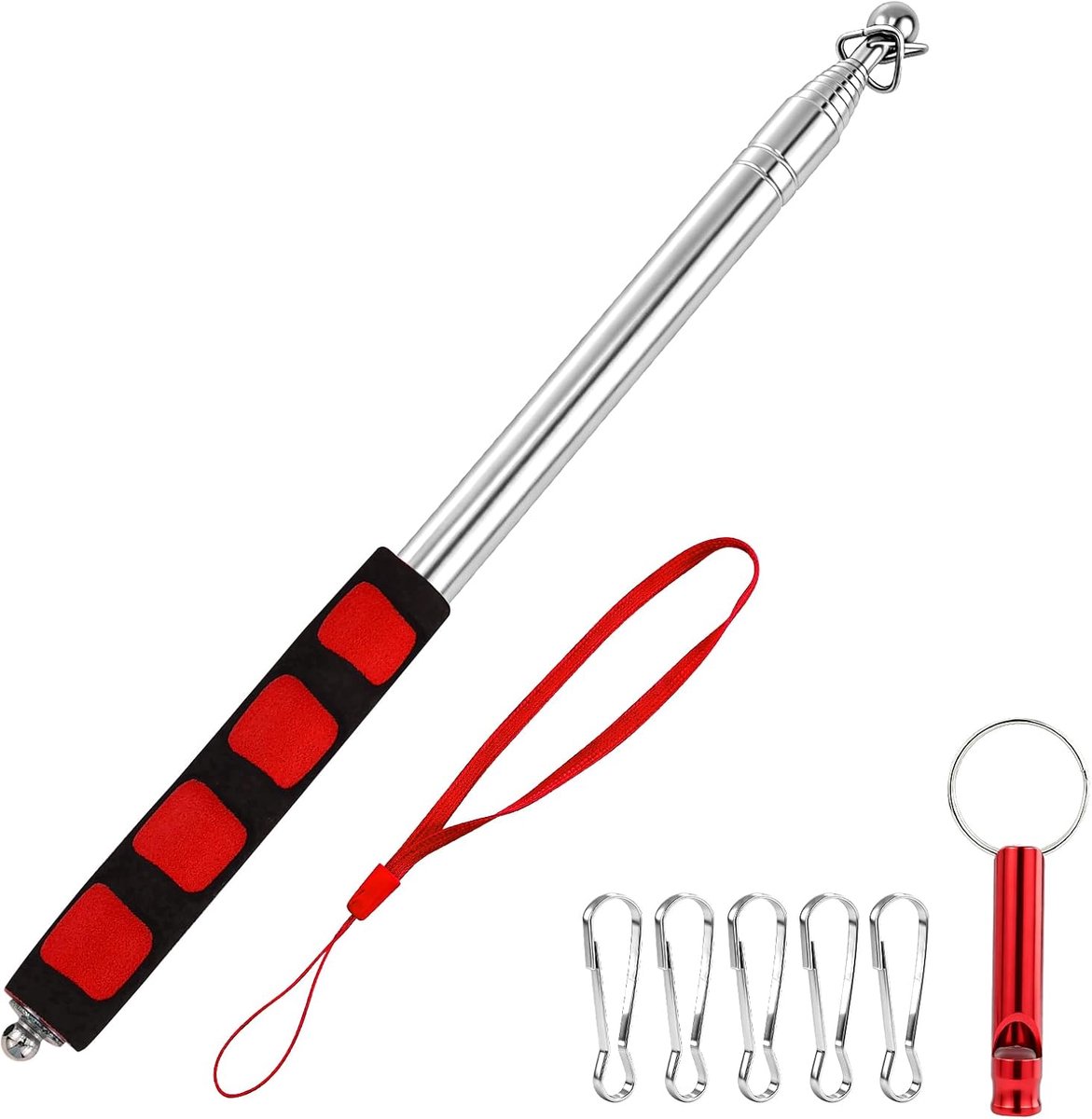 Vlaggenmast 2,0 m van roestvrij staal, inklapbaar, met clip en snavel, antislip handgreep, verstelbaar, 200 cm, reisgids, camping, evenementen, outdoor, rood