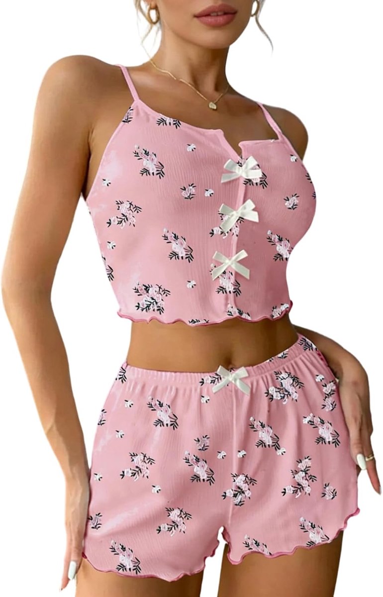 Zomerpyjamaset voor dames, 2-delige set met bloemenprint, ronde hals, strik, mouwloze cami-tops + shorts, sexy Y2K mouwloze nachtkleding pyjamaset zachte loungewear nachtkleding rekbare