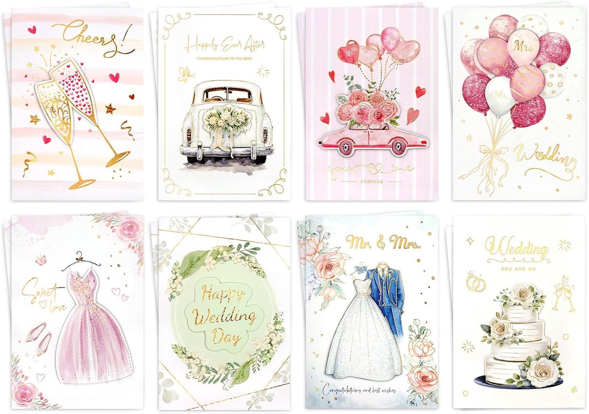 Wenskaarten voor bruiloft, 8 designs vouwkaarten bruiloftskaarten